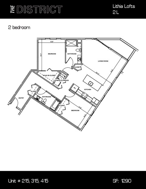 Floor plan for 2 beds, 2 baths, 1290 sqft